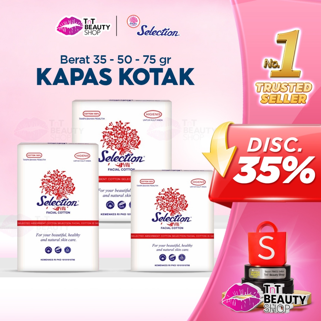 Kapas Selection Facial Cotton Kotak | Kapas Kotak 75gr 50gr 35gr | Tnt Beauty Shop