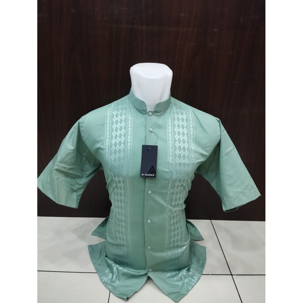 Alisan Lengan Pendek Reguler Koko/Baju Muslim Pria Motif Bordir Halus