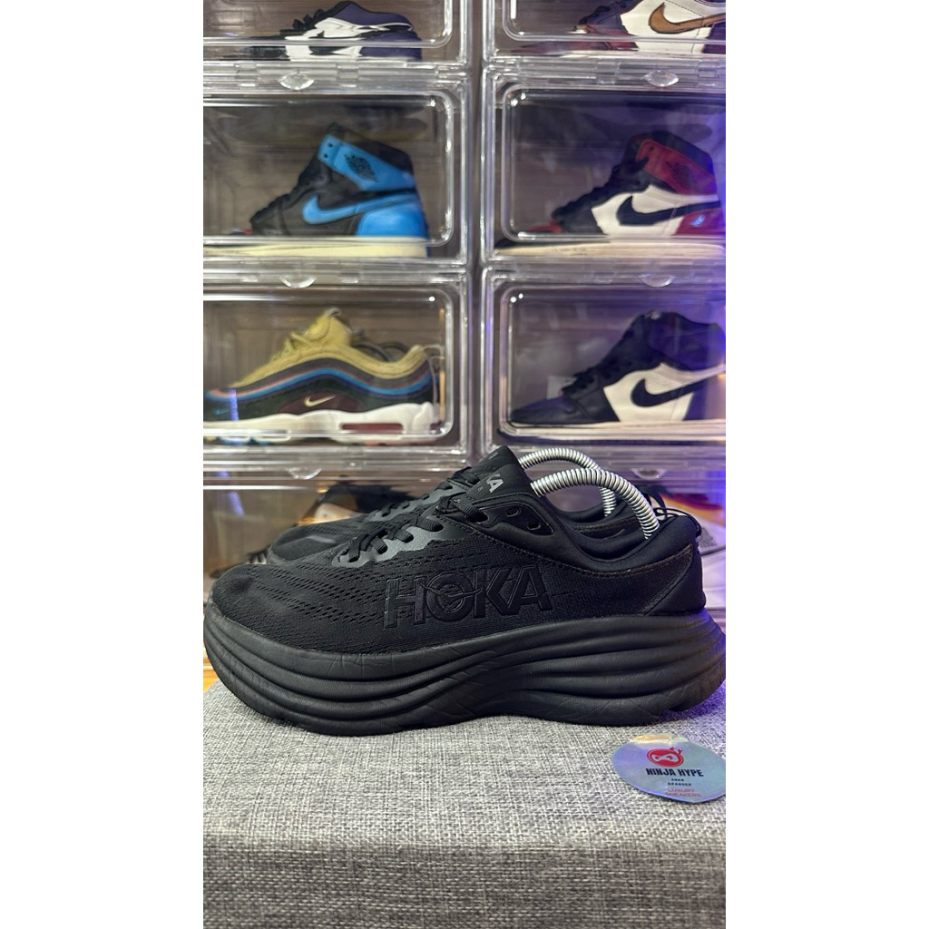 HOKA BONDI 8 WIDE FULL BLACK SHOES RUNNING , SEPATU , SHOES , SNEAKERS