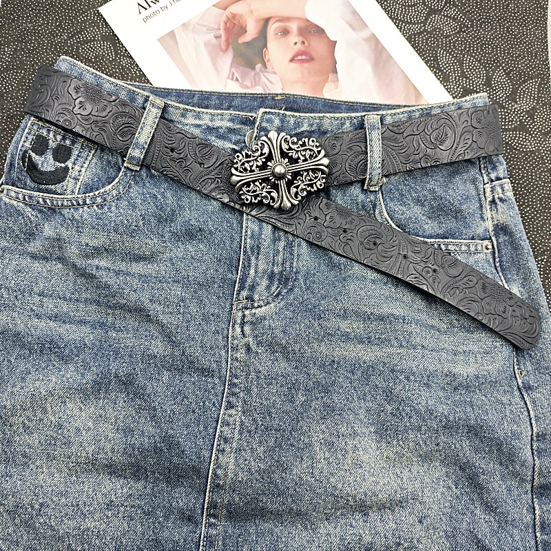 Ikat Pinggang Kulit PU Pria Wanita Motif Bunga Ukir | Gaya Gothic Punk Vintage Aesthetic Korea Fashi