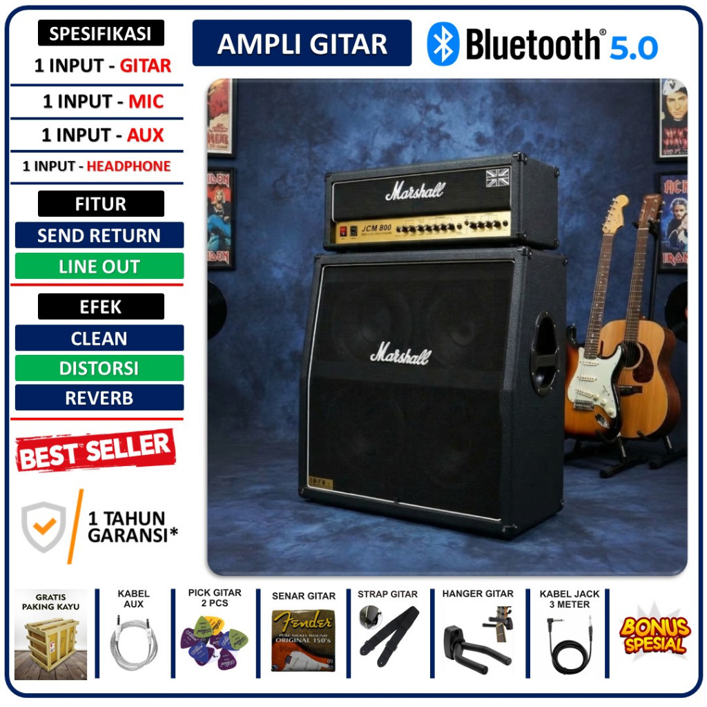 Ampli Gitar & Bass & Keyboard Bluetooth bisa untuk karaoke 3 Input Marshall Bonus Kabel Jack, Senar 