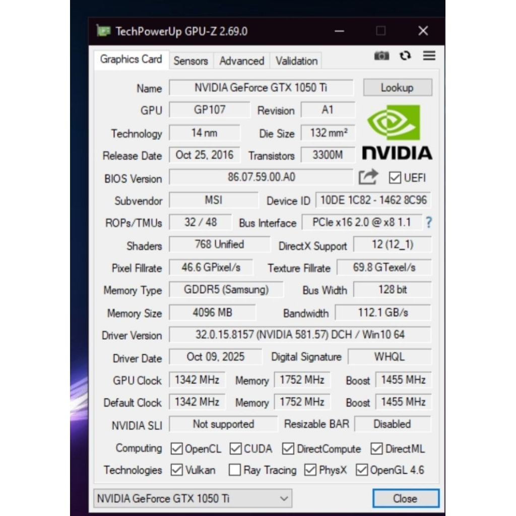 MSI GTX 1050 ti 4gb gtx1050ti non pin normal mulus like new