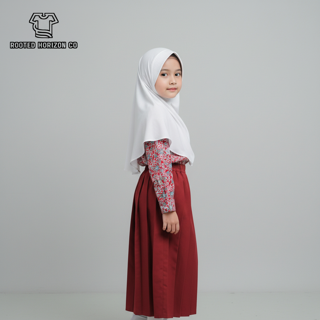 Seragam Sekolah Batik Motif Bunga Rampe Warna Merah Varian Lengan Panjang SD/MI