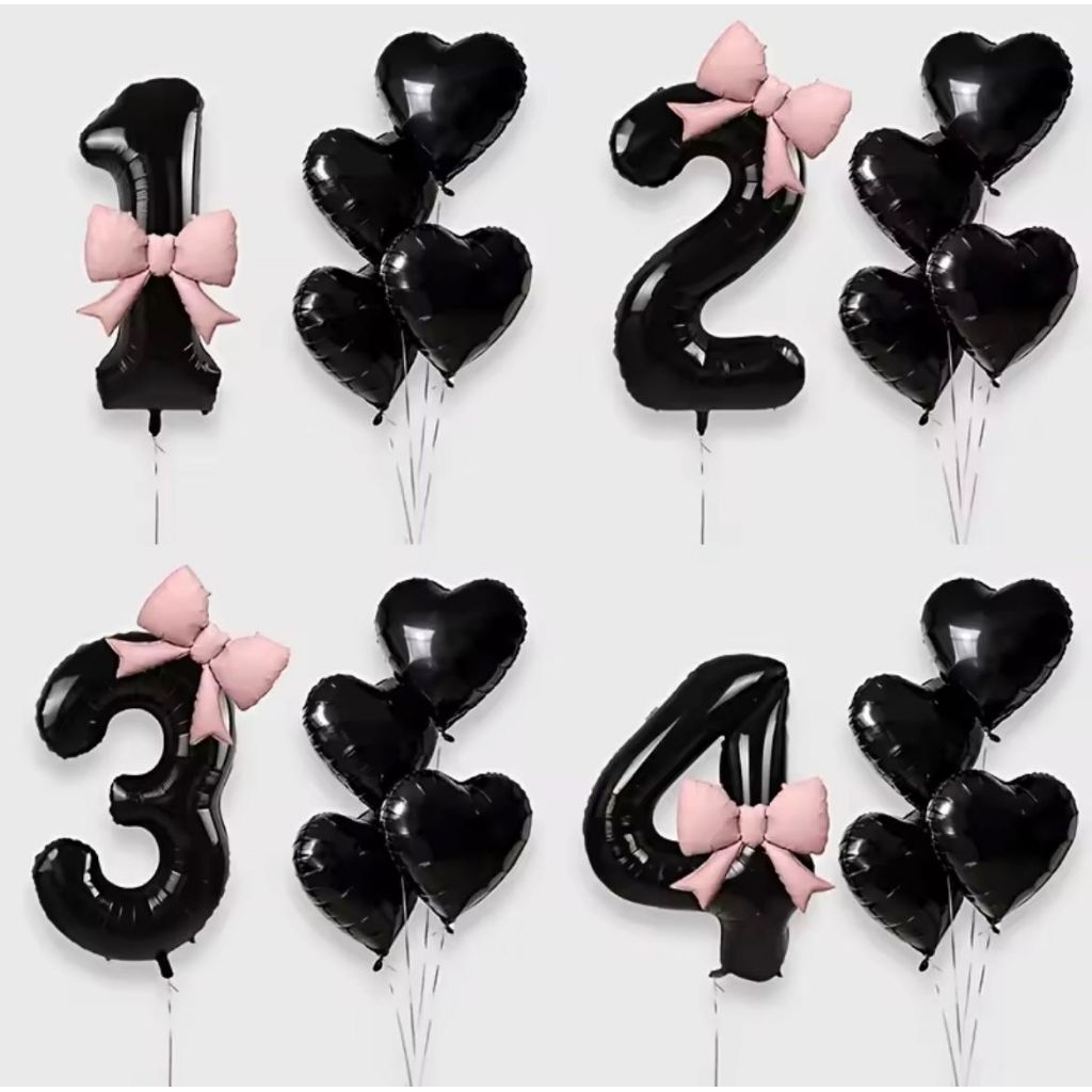 Set paket balon foil angka 80cm warna hitam pita ribbon coquete coquette jumbo besar black merah red