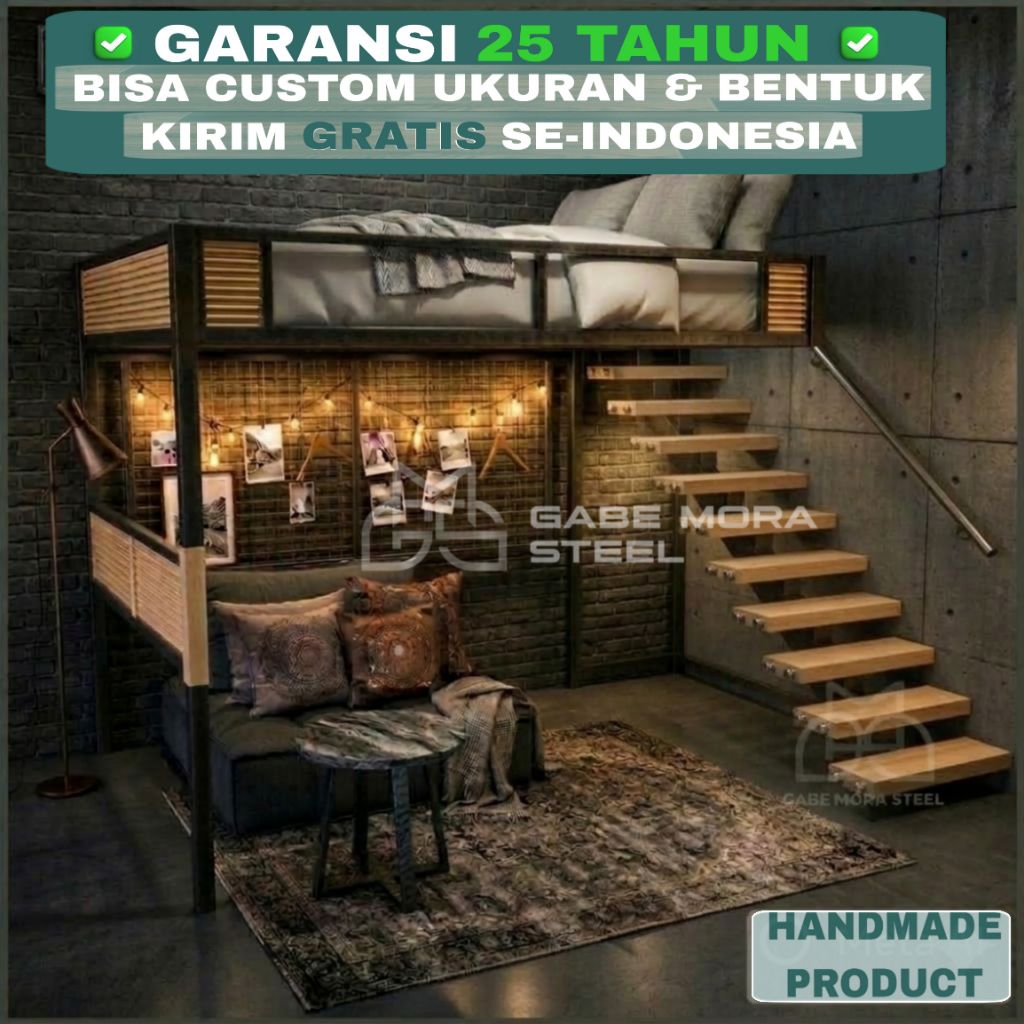 [GARANSI 25 THN, BISA REQ. UKURAN] Ranjang Tingkat Full Besi Tebal dengan Tangga dan LemariKayu Taha