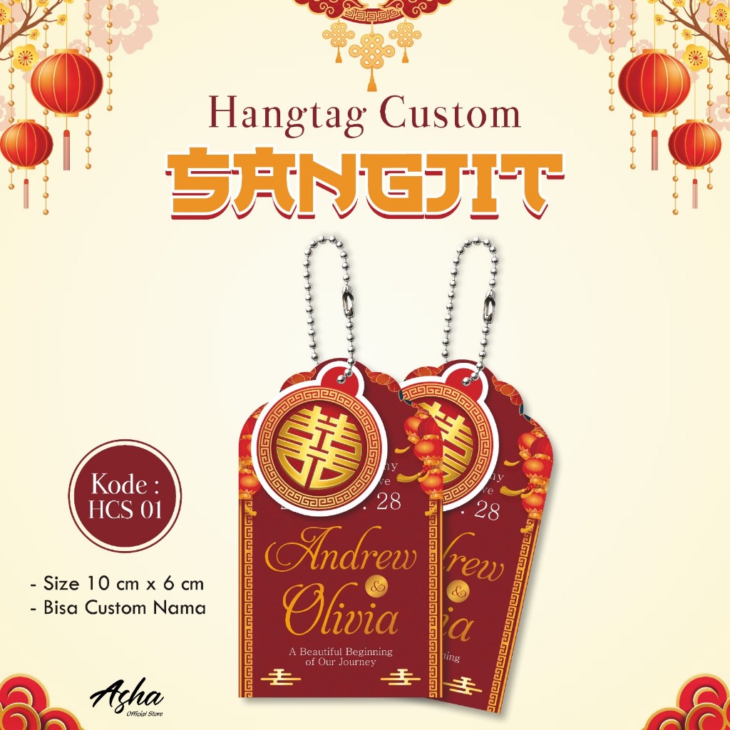 Cetak Hang Tag Sangjit Custom - Hang Tag Souvenir Sangjit Plus Rantai Ukuran 10 x 6 Cm
