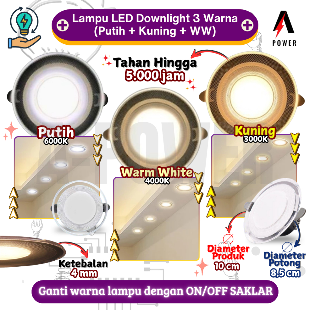 Lampu LED Downlight 3 Warna (Putih + Kuning + WW)