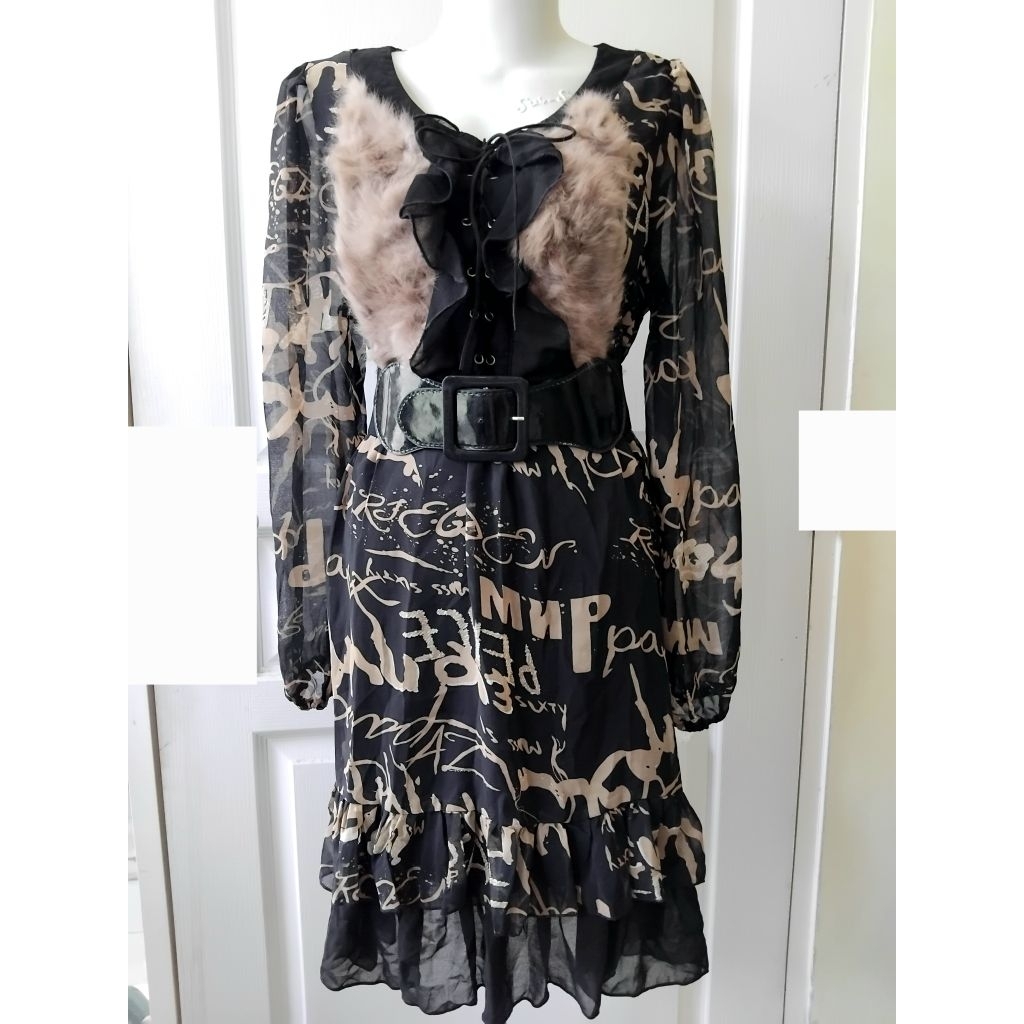 Dress sifon lengan panjang belt