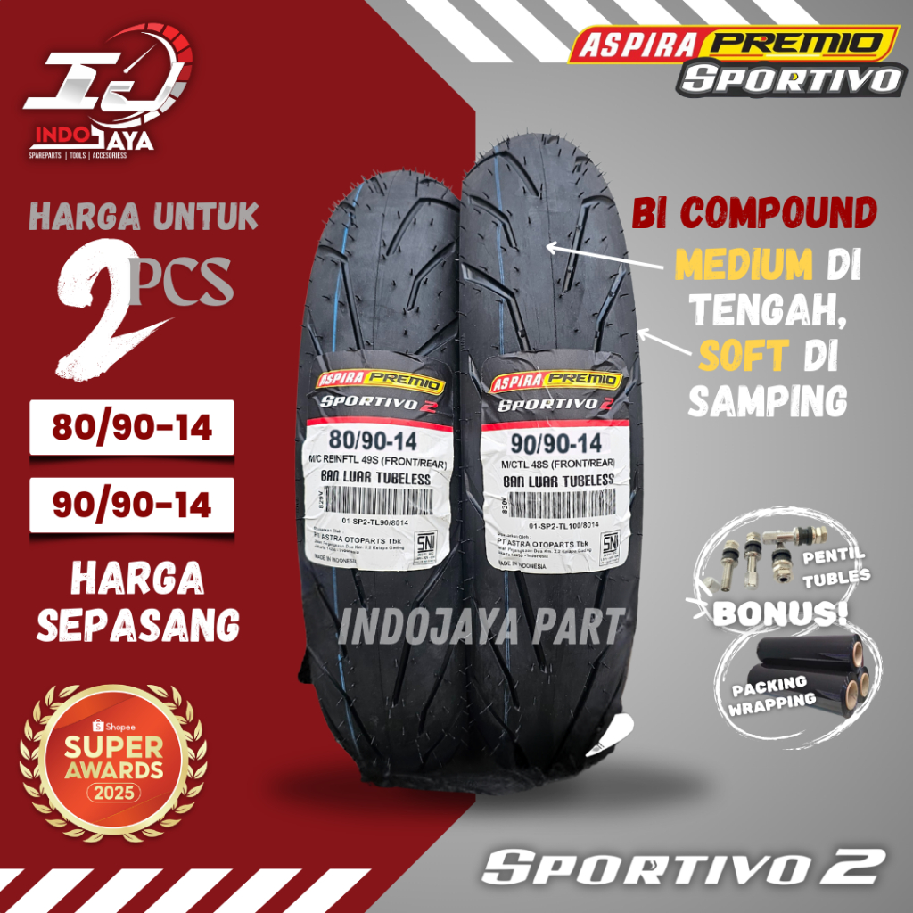 [HARGA MURAH SEPASANG] BAN LUAR ASPIRA PREMIO SPORTIVO 2 (80/90-14 & 90/90-14) BAN LUAR TUBELESS PRE