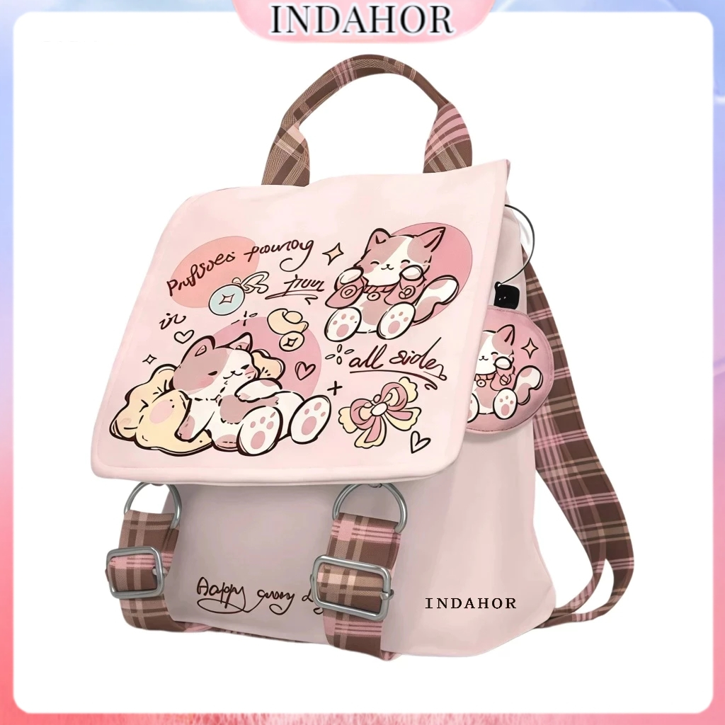 INDAHOR Tas Ransel Wanita Lucu Anak Kucing Pink Ransel Berkapasitas Besar Ins Tas Kanvas Cute Ransel