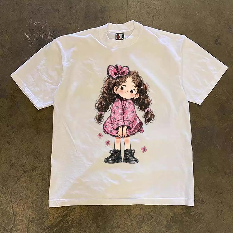JJ.STORE Kaos Oversize Aesthetic Kartun Gadis Imut Bunga Pink Lengan pendek baju atasan wanita terba