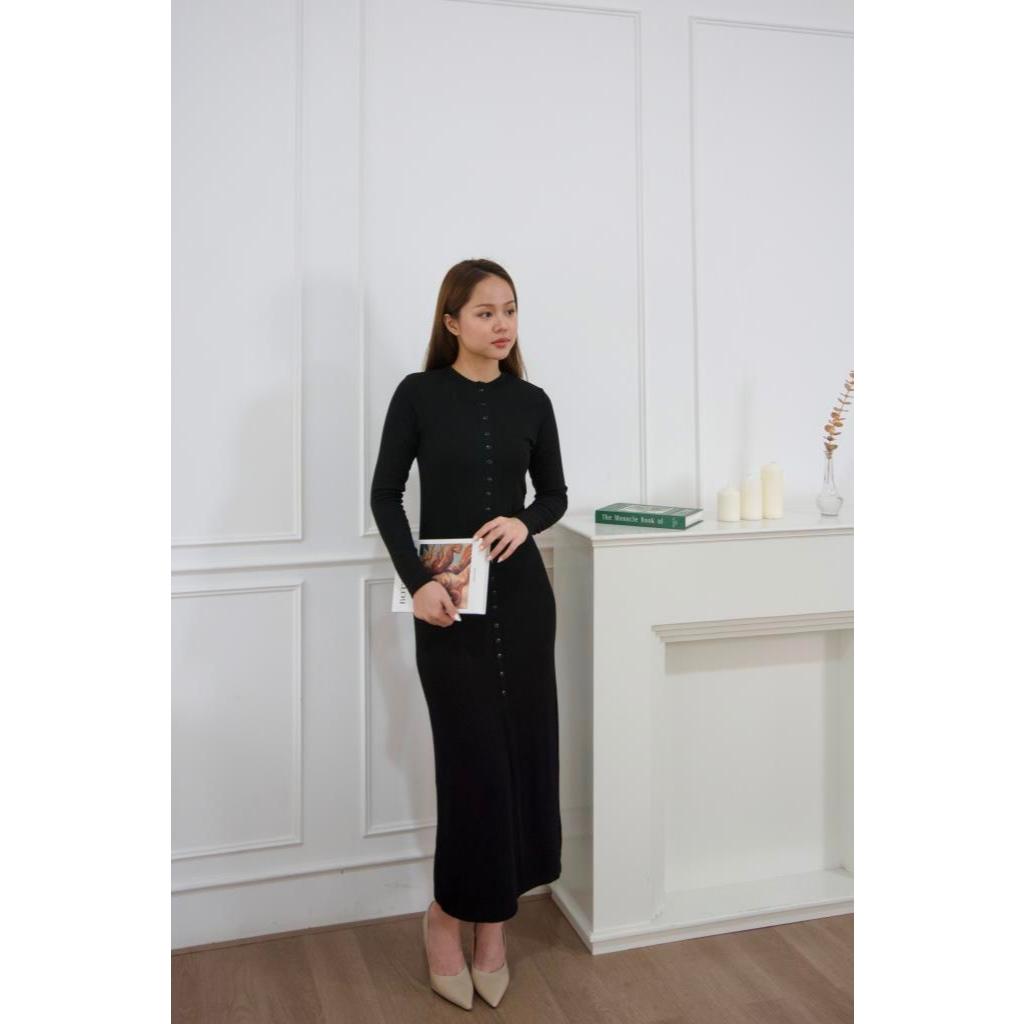 SAGARA Dress Arisha 032 - Longsleeve Knit Bodycon Dress Button - Dress Knit Kancing Tengah Press Bod