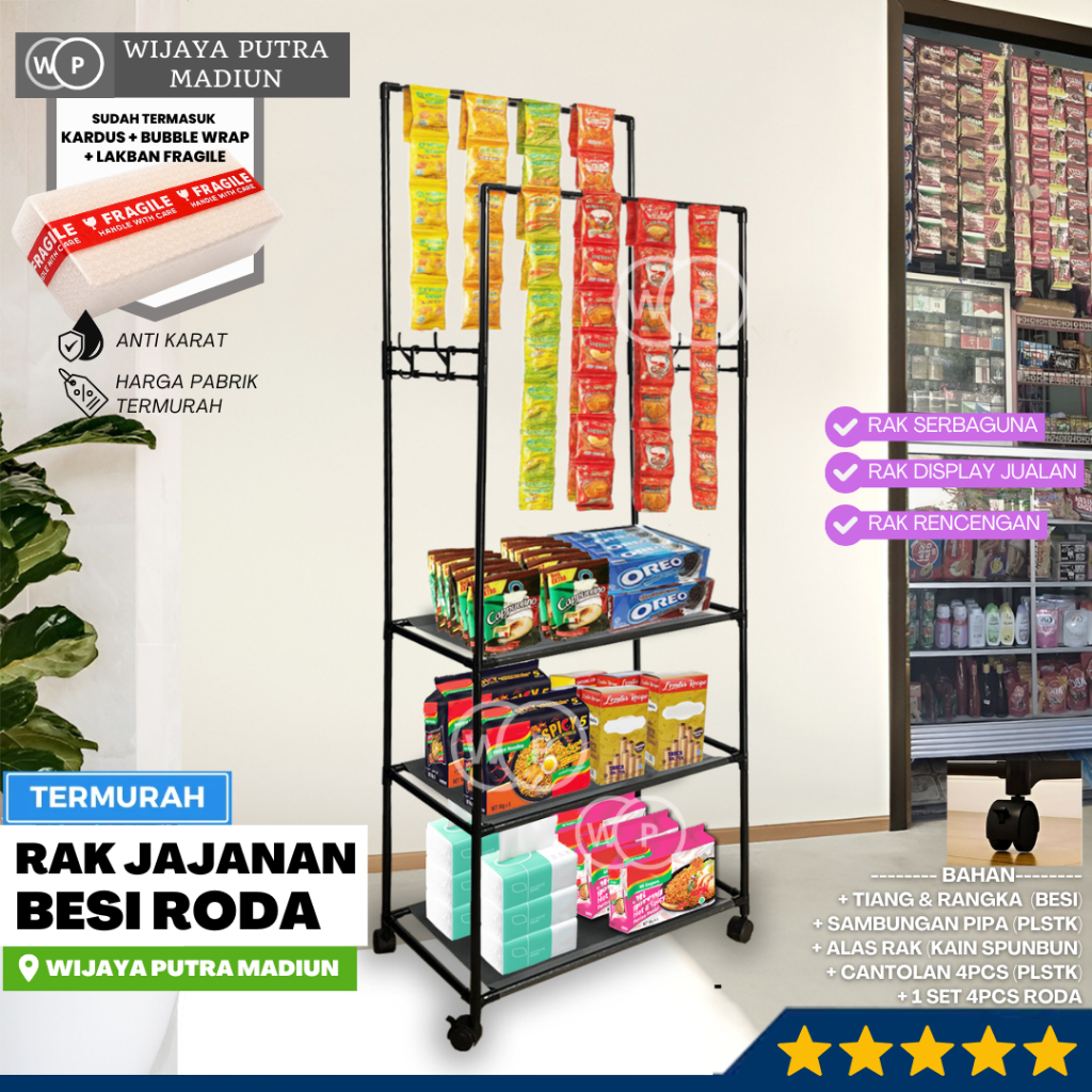 Rak Jajanan Besi Roda | Rak Chiki Roda untuk Jualan Multifungsi untuk Warung & Toko Kelontong  Rak S