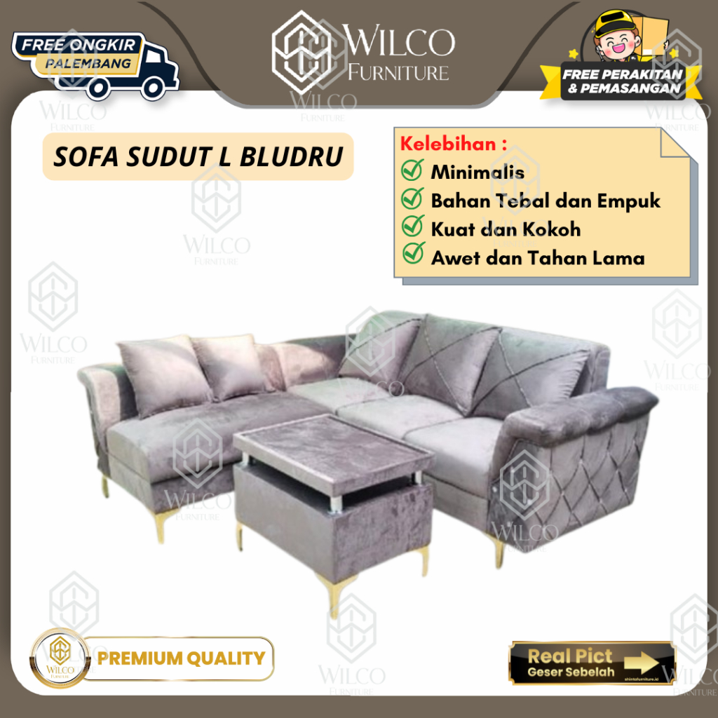 Sofa Tamu L Bludru | Sofa Kurs Tamu Sudut L Minimalis
