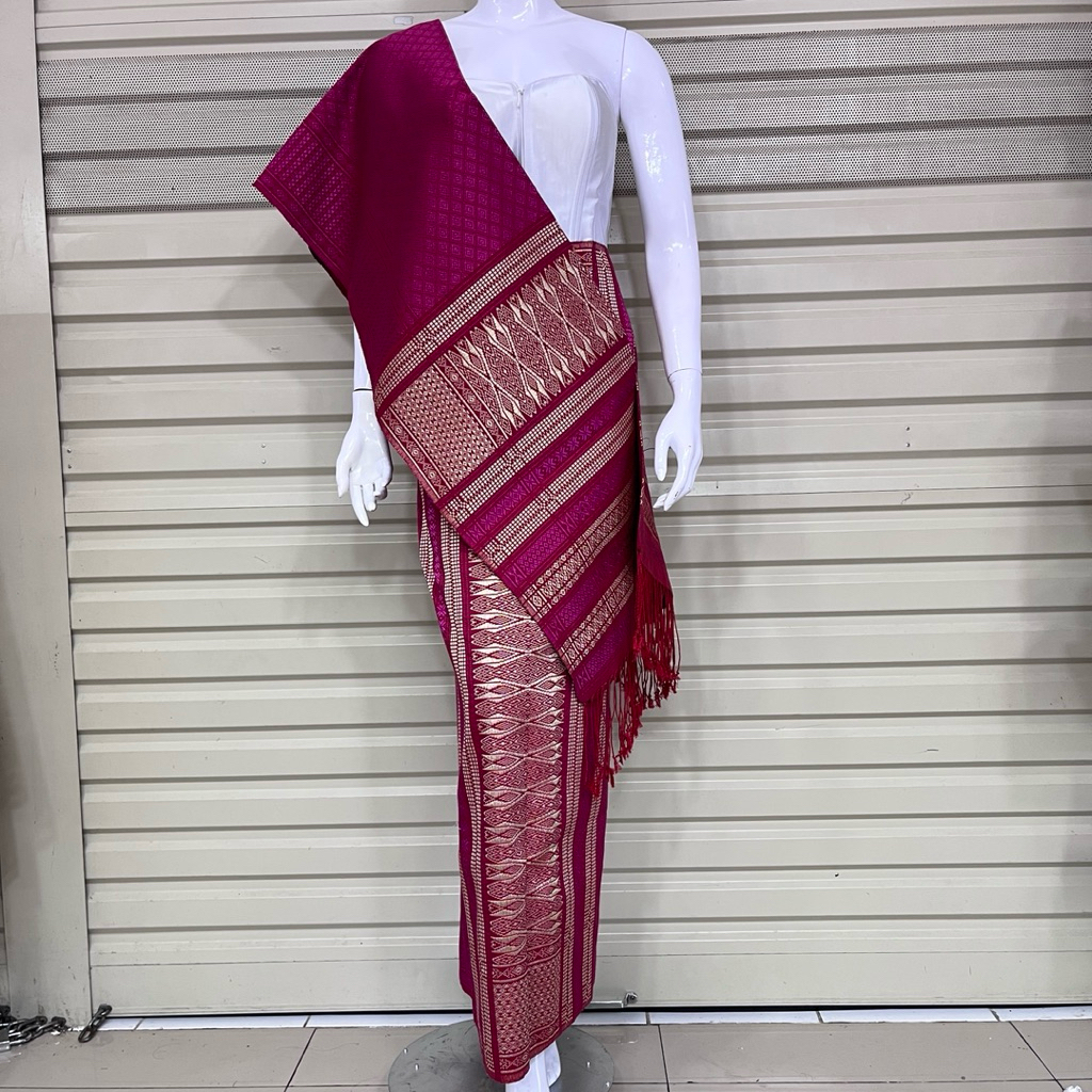 Set Songket Tumtuman + Selendang Pink Fuchsia Kepala Champaign | Benang Bembet Premium