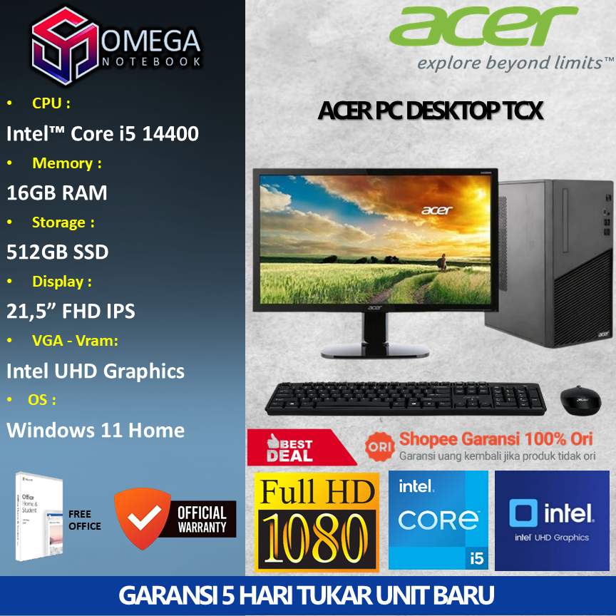 ACER PC Desktop TCX Core i5 14400 16GB 512GB 21,5 Windows 11 + Office