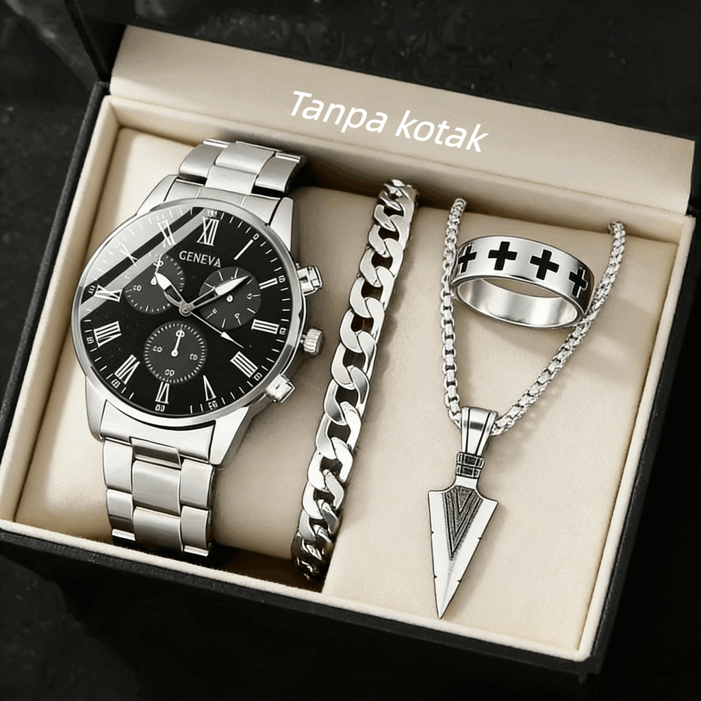 [Set pakaian berwarna perak] 4pcs/1pcs Jam Tangan Kuarsa Kasual Dan Perhiasan Pria Bergaya Minimalis