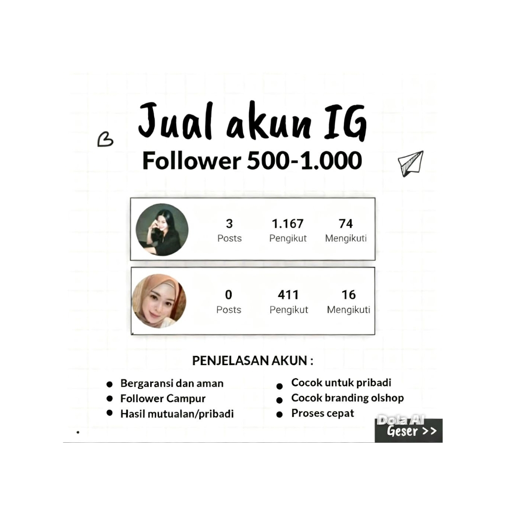 Akun Instagram Fresh-Real Follower Aktif-Cocok Untuk Olshop/Pribadi-Bergaransi"