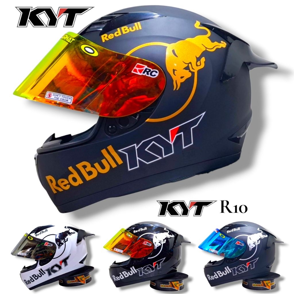 Helm KYT r10 Black glos Redbull paket ganteng Original KYT