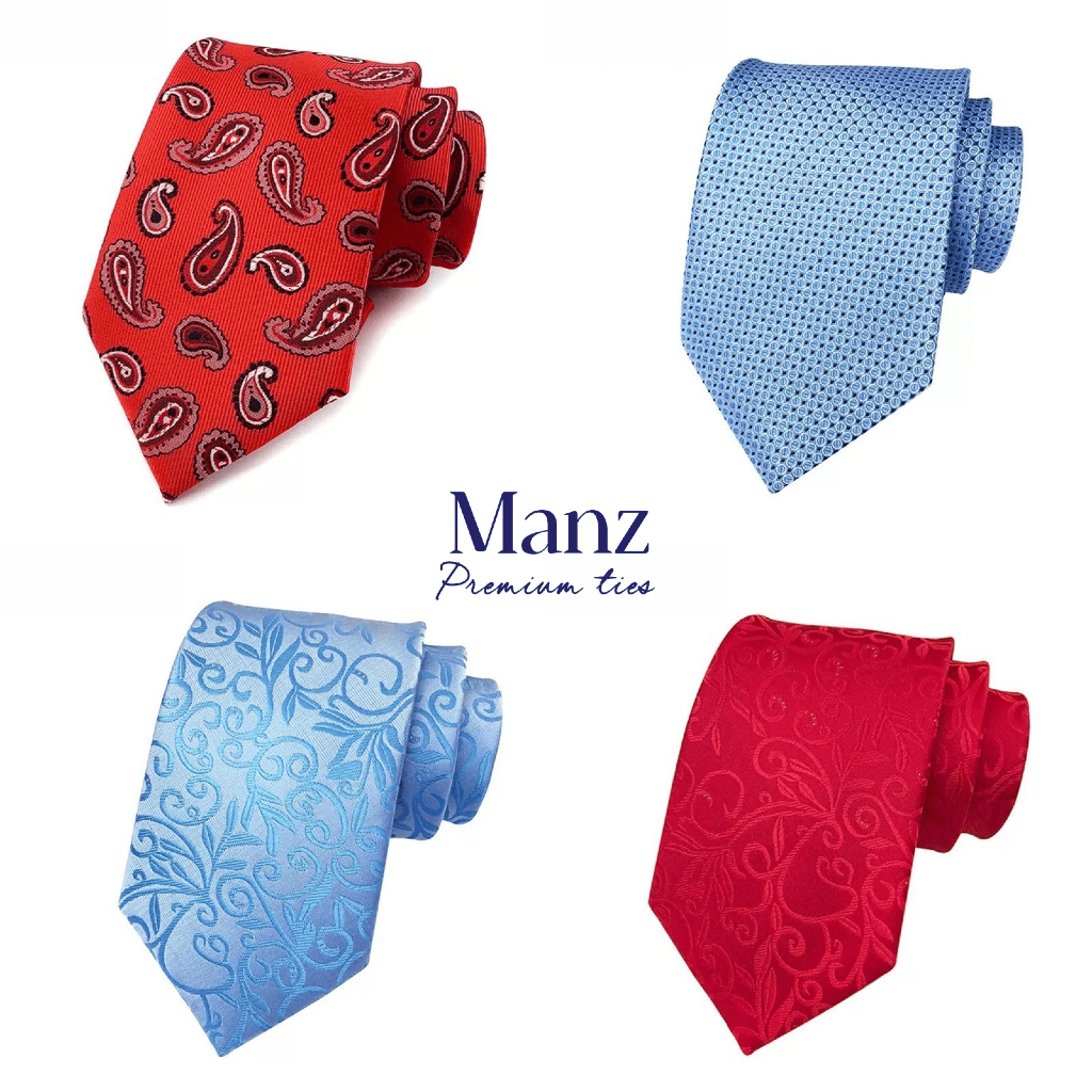 Manz Collection - Dasi panjang pria formal biru muda merah terang bermotif batik premium