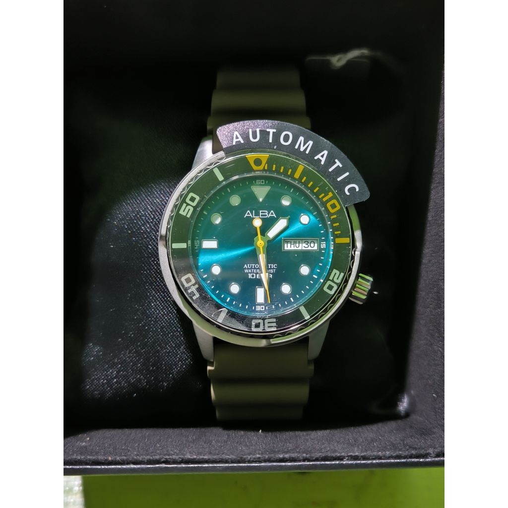 Jam Tangan Pria Alba Mechanical AL4249X1 Automatic Man Green Emerald Dial Green Army Rubber Strap