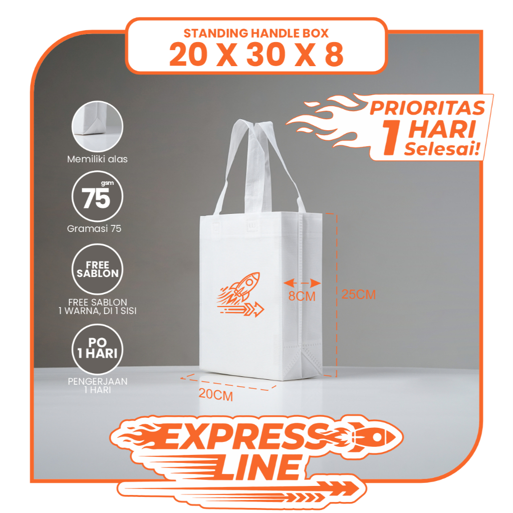 TAS SPUNBOND LIPAT BOX 20X25 SABLON COSTOM 1 HARI JADI (EXPRESS LINE) UNTUK TAS SOUVENIR, SYUKURAN, 