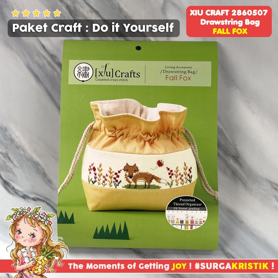 Paket DIY Craft Sulam Kristik Strimin Cross Stitch Xiu Crafts Motif Hewan 2860507 - Fall Fox Drawstr