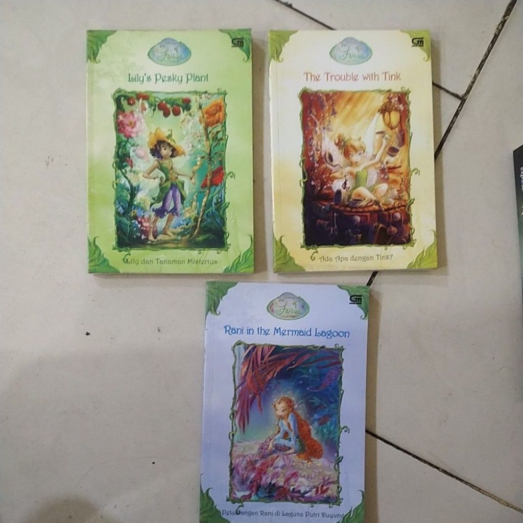 buku novel disney fairies the trouble with tink, rani in the mermaid lagoon, lily's pesky plant orig