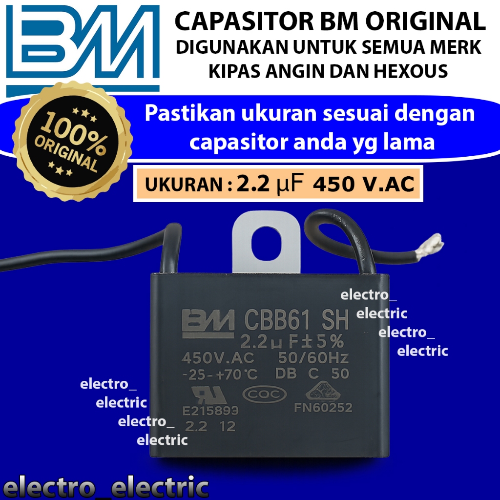 Kapasitor BM 2,2uf plat seng - Kapasitor Kipas Angin CBB61 - Kapasitor Kipas Angin Maspion Cosmos Se