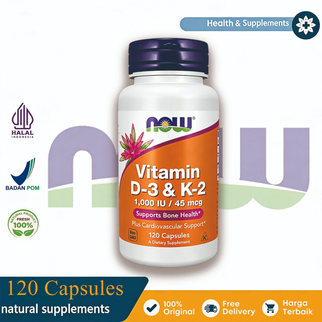 [100%Asli] Now Foods Vitamin D3 & K2 1000 IU Now d3 k2 120 Capsules