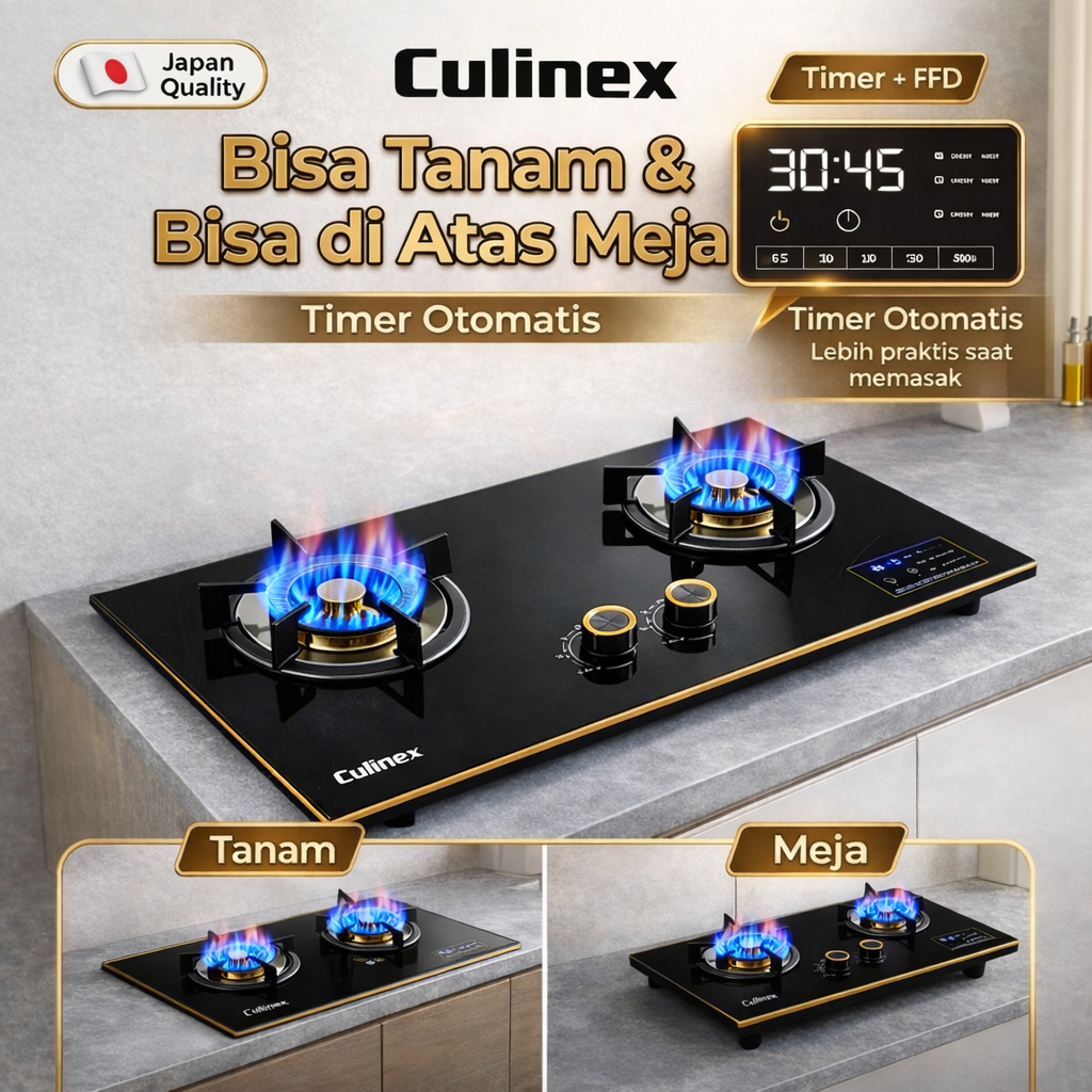 [Classic] Culinex Kompor Gas Tanam dan Meja Kaca Timer |Berlaku Gas LPG/Gas Alam | Kaca Tempered + B
