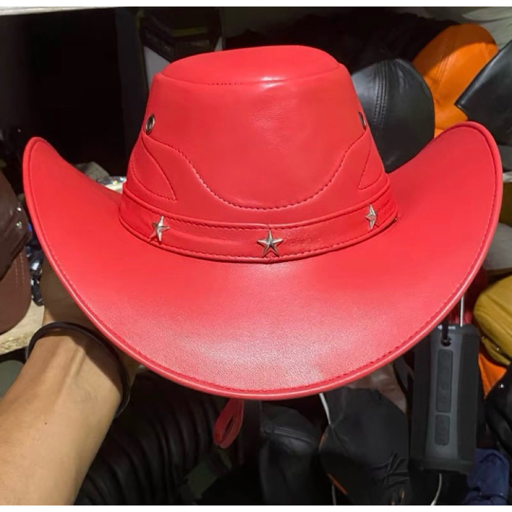 Topi Koboi Pria Kulit Sapi Asli Model Laken Warna Merah Lingkar Kepala 54-59cm Kualitas Premium
