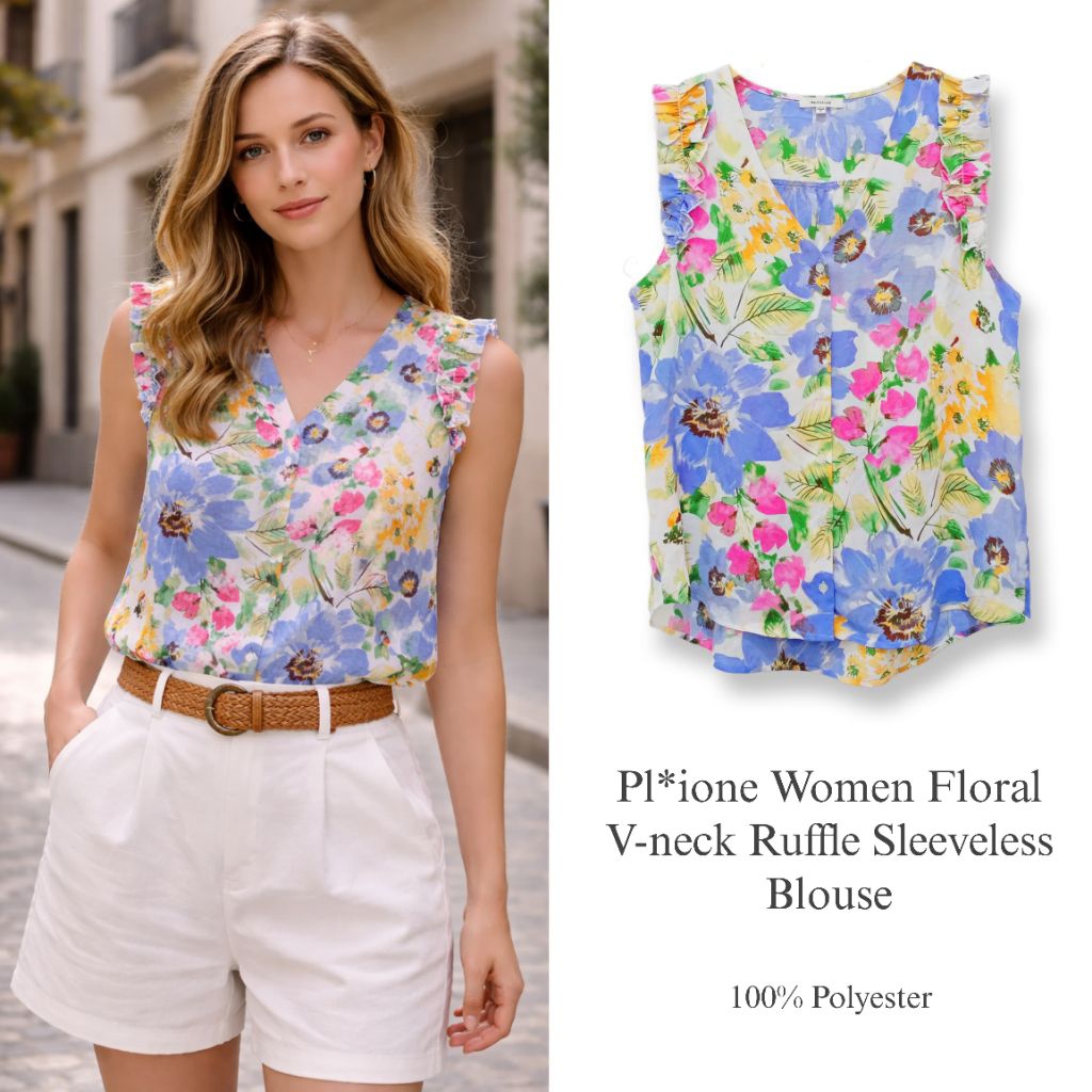 PL*IONE Women Floral V-neck Ruffle Sleeveless Blouse / Tanktop wanita original branded / kutung wani