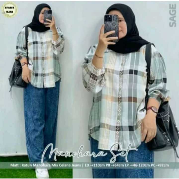 Setelan Kemeja Wanita Sadira Set Bahan Katun Motif Kotak Celana Jeans Ukuran Jumbo LD 120 cm