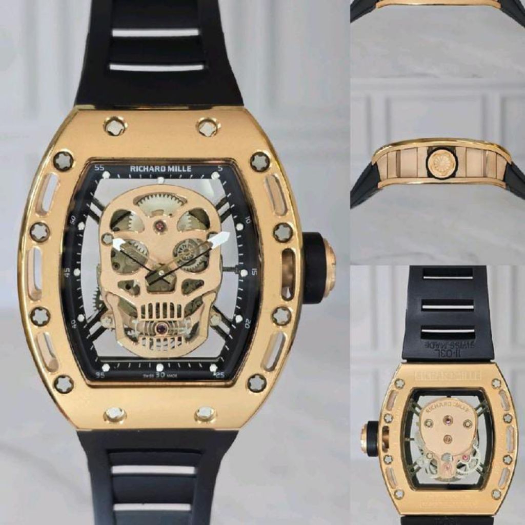 JAM TANGAN RM052 SKULL AUTOMATIC MOVEMENT ROSE GOLD DIAL DM 42MM RUBBER