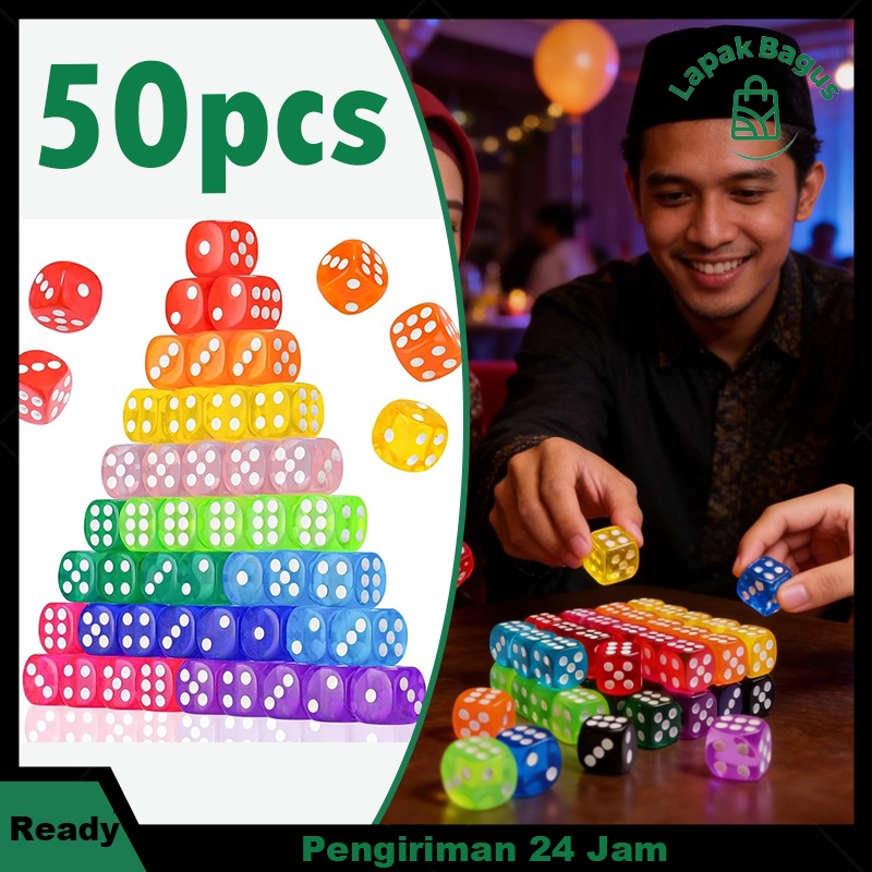 Isi 50pcs Dadu Warna Dadu Nomor Titik Dadu Transparan Mainan Dadu Dice Set Sudut Bulat Dice Transpar