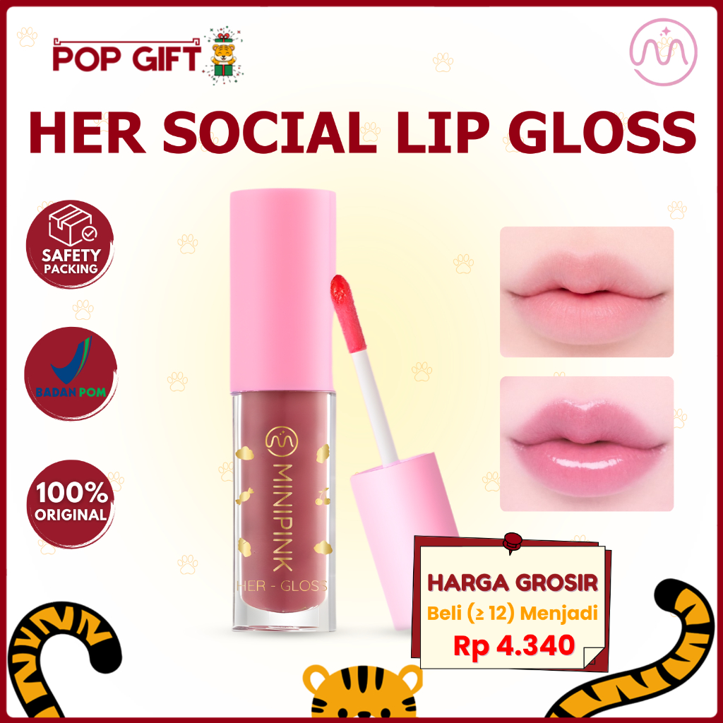 PG BPOM MINIPINK Her Social Lip Gloss Lipstick Glow Natural Shiny Plumpy Non Sticky Tahan Lama MP012