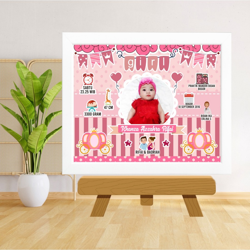 bingkai biodata bayi newborn 10r 20x25 cm Tema Pink bisa COD