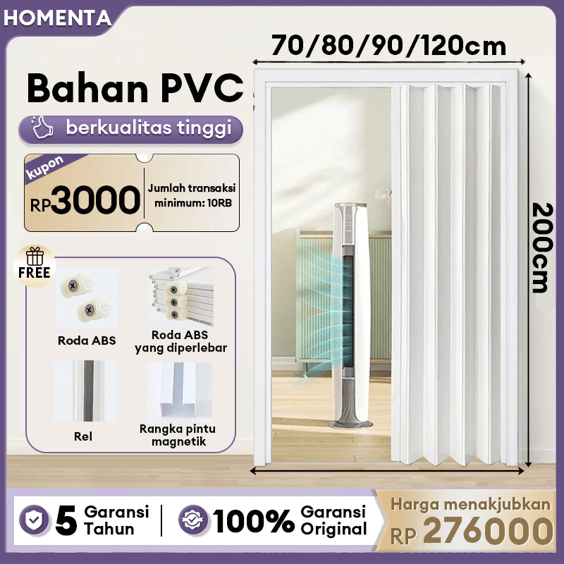 Homenta Pintu Lipat PVC Folding Door Geser 195*70CM/200*80CM for kamar tidur Penyekat Ruangan pintu 