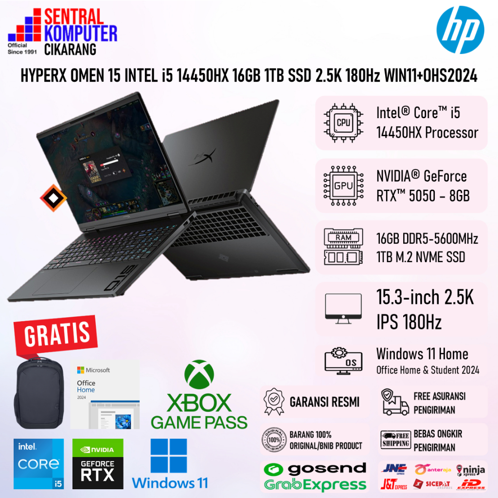 Gaming Laptop HP HyperX OMEN 15 Intel Core i5 14450HX 32GB DDR5 1TB SSD RTX5050 2.5K IPS 180Hz Win11