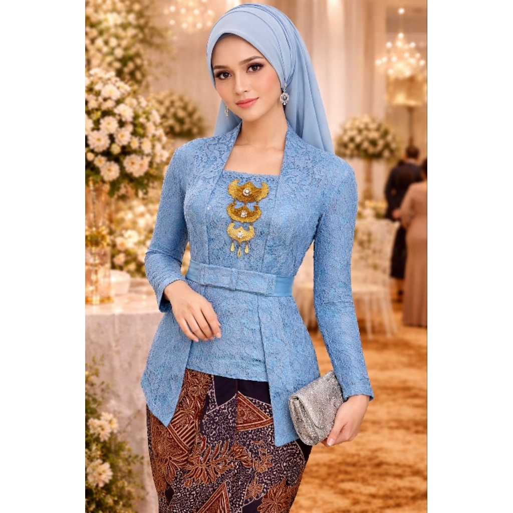 KEBAYA JADI BIRU LIMITED ATASAN KEBAYA KUTUBARU FREE OBI LENGAN 7/8 BAHAN BROKAT SEMI PRANCIS LAPIS 