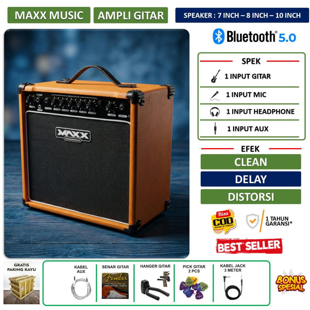 Ampli gitar dan bass 7 inch 8 inch 10 Inch bluetooth 3 input bisa karaoke ada efek delay & distorsi 