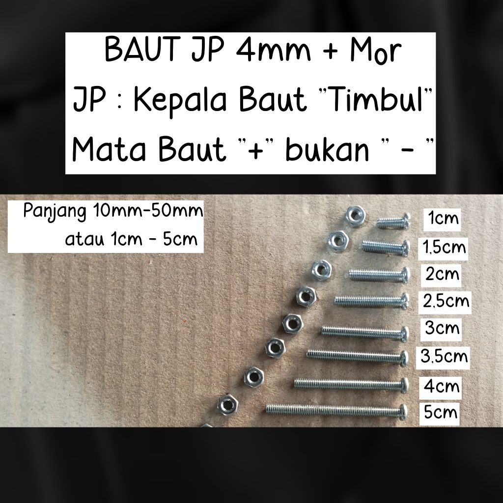BAUT diameter 4mm JP ( kepala bulat ) + Mor mata plus / obeng panjang pendek mm cm senti mili 1 2 3 