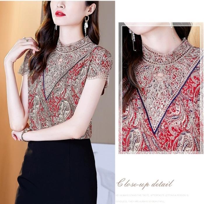 Blouse baju atasan wanita merah hitam baju santai casual lengan pendek