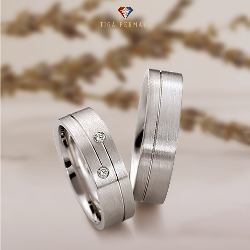 Cincin Kawin Couple Berlian Asli Minimalis Elegan | Emas Perak Palladium | Custom Ukir Nama & Ukuran