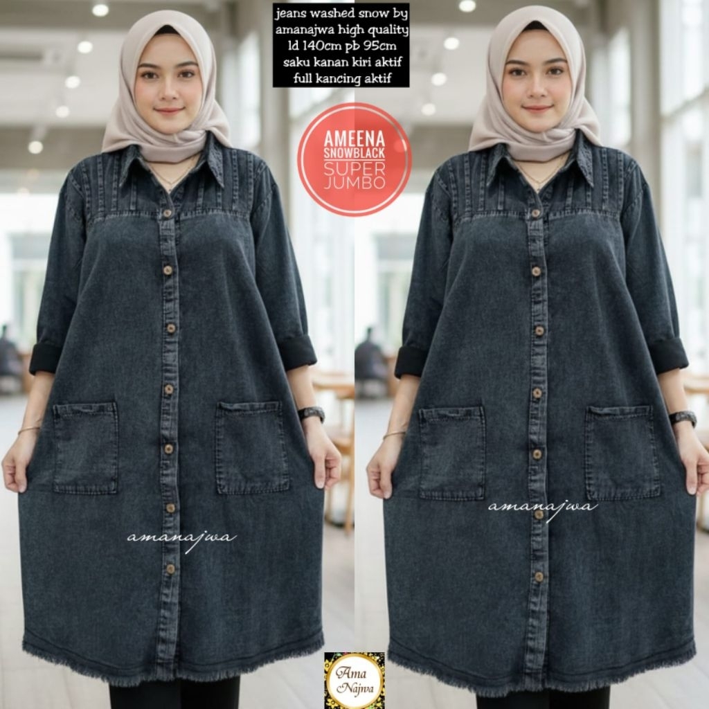 TUNIK JEANS SUPER JUMBO LD 140 ATASAN WANITA JEANS BIGSIZE TERBARU BUSUI AMEENA TUNIK