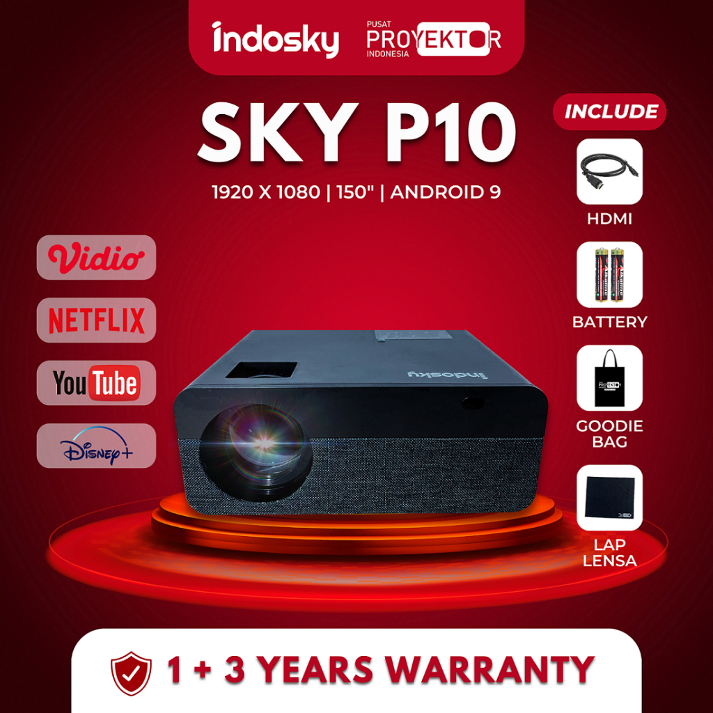 PPI - Indosky P10 Pro Android Projector 10000 Lumens Support 4K Layar Hingga 200" Wifi