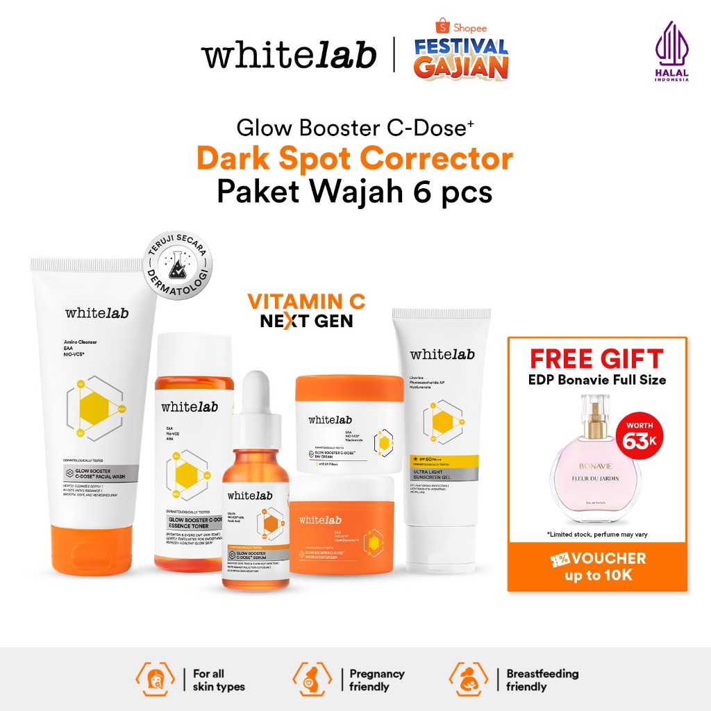 Whitelab 6 pcs Glow Booster C-Dose+ Brightening Paket Wajah - Facial Wash, Toner, Serum, Moisturizer