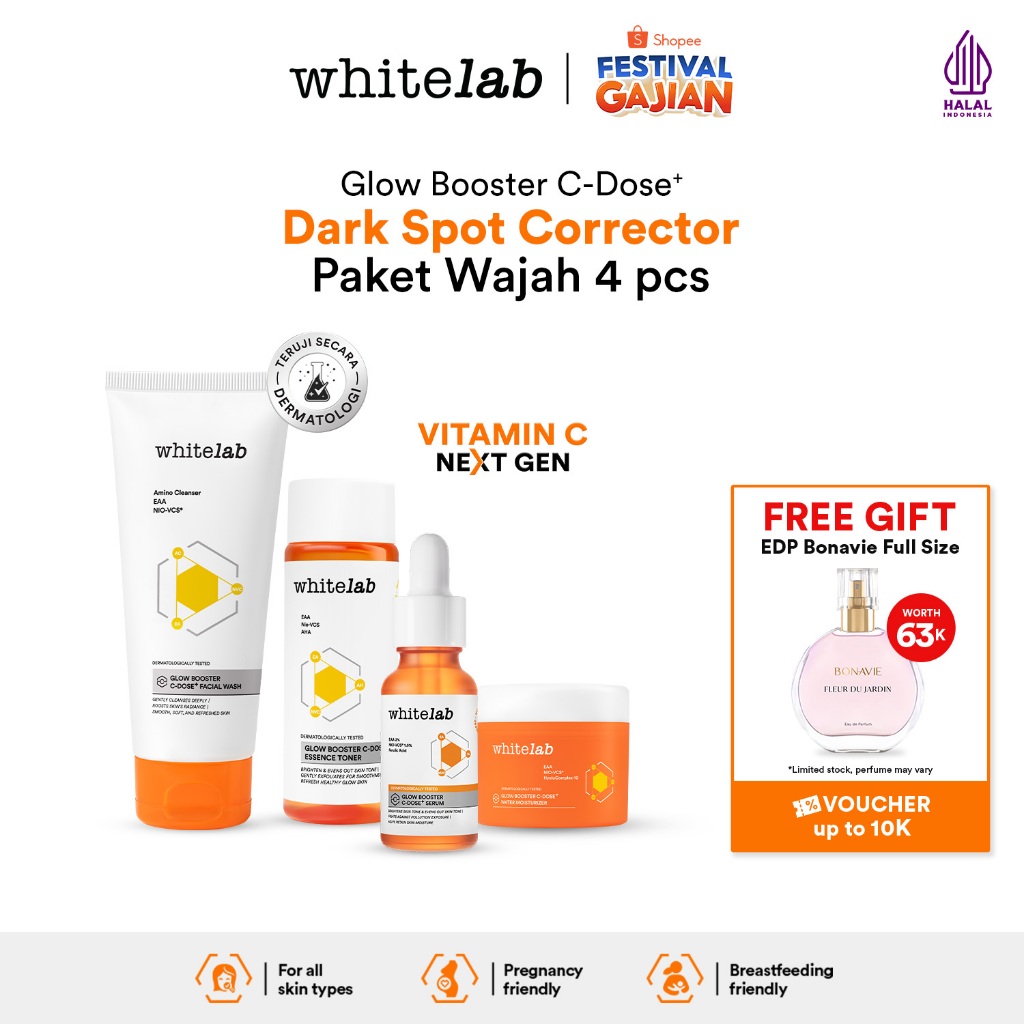 Whitelab 4 pcs Glow Booster C-Dose+ Brightening Paket Wajah - Facial Wash, Toner, Serum, with Moistu