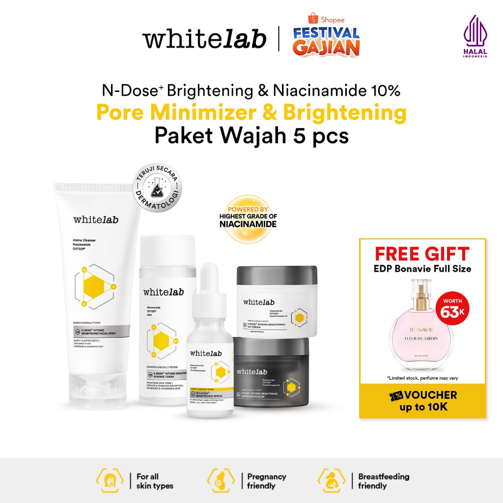 Whitelab Paket Wajah Brightening Niacinamide Facial Wash, Toner, Serum, Day & Night Moisturizer - 5 